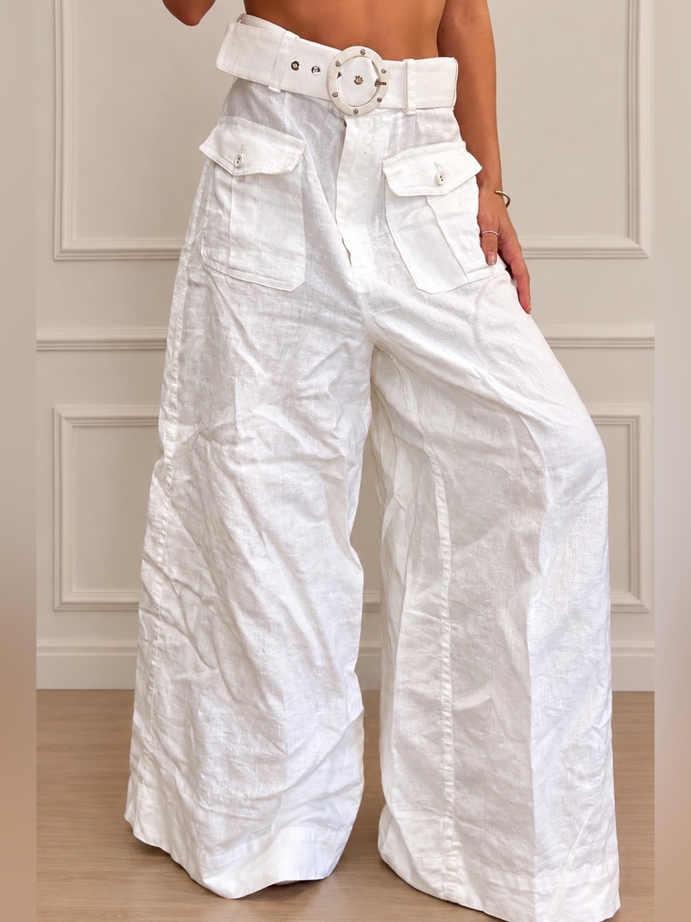 Zimmermann White 100% Linen Wide-Leg Cargo Pants with Belt β Size 1